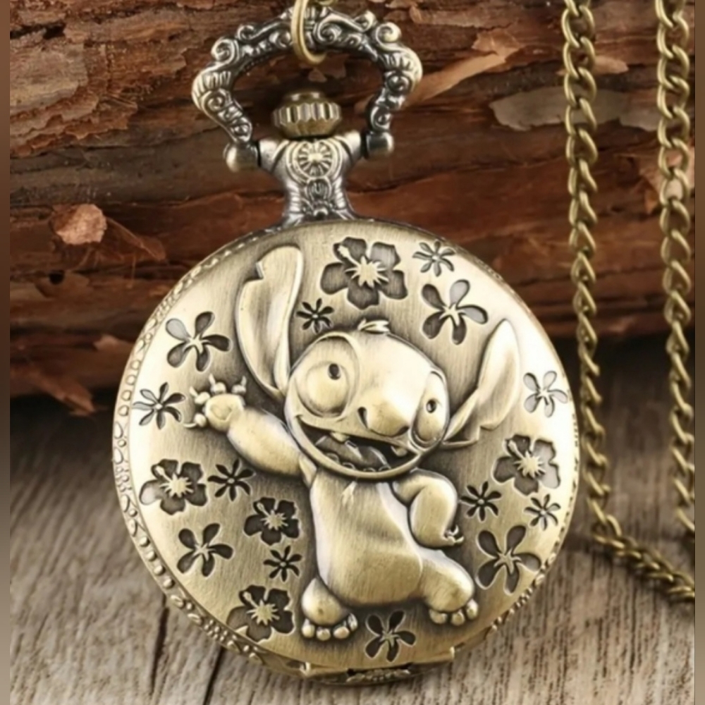 Disney Character Stitch Pocket Watch and Chain Classic Bronze Watch